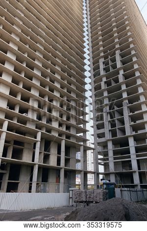 Long High New Buildings Bottom View. Apartments Without Repair From The Builder. Construction House 