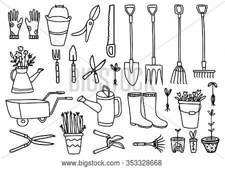 Vector Big Collection Of Gardening Tools. Rake,shovel,wheelbarrow,seedlings,boots,gloves,pruner,bail