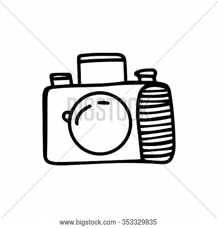 Reflex Camera In Doodle Style Isolated On White Background. Sign Icon. Vector Outline Illustration