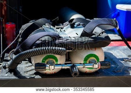 Diving Equipment On The Sea. Overall Plan.