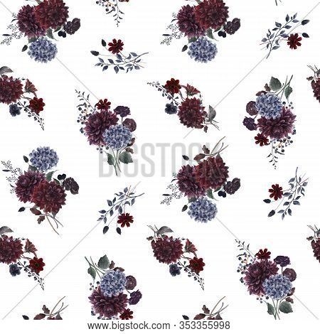 Beautiful Vector Seamless Pattern With Watercolor Dark Blue, Red And Black Dahlia Hydrangea Flowers.