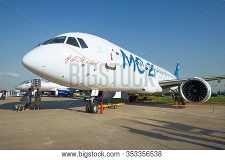 Zhukovsky, Russia - August 30, 2019: Russian Medium-range Narrow-body Passenger Aircraft Ms-21 Takes