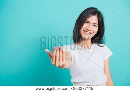 Portrait Asian Beautiful Happy Young Woman Smile Wear White T-shirt Standing Making Gesture With Han