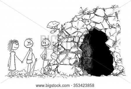 Vector Cartoon Stick Figure Drawing Conceptual Illustration Of Prehistoric Man Or Caveman Realtor Or