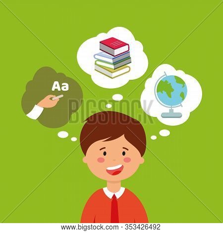 Smiling Pupil On Green Background. Schoolboy Thoughts. School Supplies. Elementary School. Pupil In 