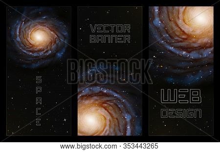 Set Of Vertical Banners With Spiral Galaxy In Outer Space. Dark Background With Realistic Astronomic