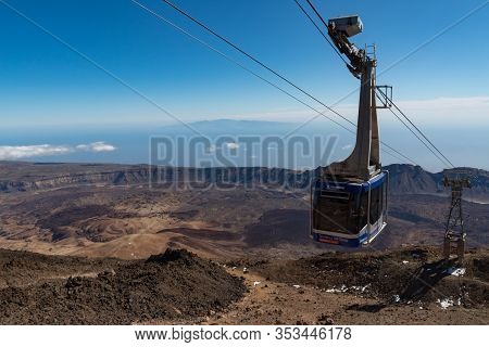 Teide National Park, Tenerife, Canary Islands, Spain- January 14, 2020: Cableway On The Volcano Teid