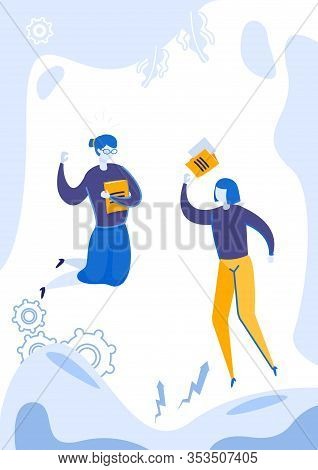 Two Woman Jumping With Notebooks Or Documents In Hands Flat Cartoon Vector Illustartion. Managers At