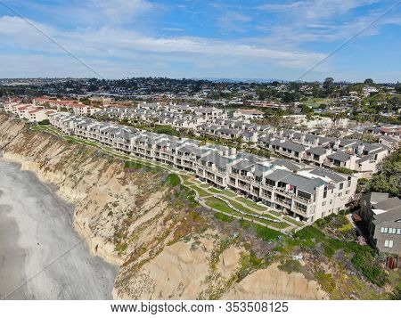 Aerial View Of Condo Community Next To The Beach And Sea In South California. Solana Beach. Usa