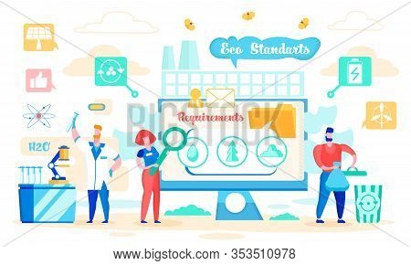 Vector Illustration Eco Standards Cartoon Flat. Man In White Coat Makes Experiments. Woman Holding M