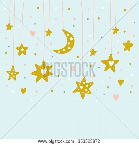 Hand Drawn Doodle Cute Stars And Moon On Shread. Nursery Background. Kids Magic Illustration.