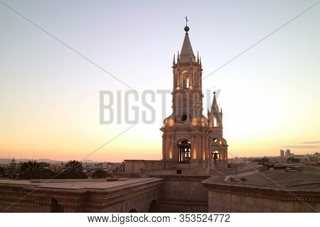 Basilica Cathedral Of Arequipa, Unesco World Heritage Site Of Arequipa In The Evening, Historic Chur