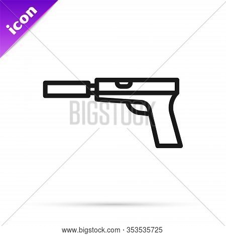 Black Line Pistol Or Gun With Silencer Icon Isolated On White Background. Vector Illustration