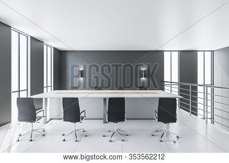 Contemporary Conference Interior With Copy Space On Gray Wall. Workplace And Corporate Concept. 3d R