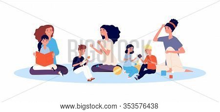 Group Of Mothers. Smiling People Hug Child, Moms And Kids. Happy Beautiful Women Playing And Reading