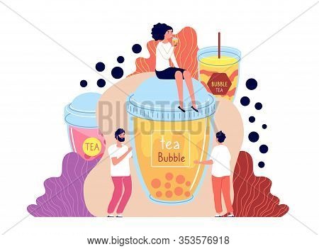 Bubble Milk Tea. Summer Asian Drinks. Male, Female Holding Boba Beverage. Flying Tapioca Balls, Smoo