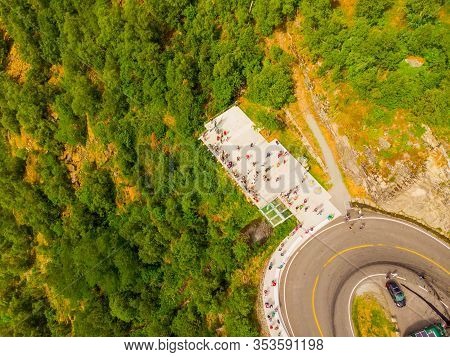 Top Down View. Ornesvingen Viewing Point, Platform With Parking Area And Tourist Road Ornevegen. Tra