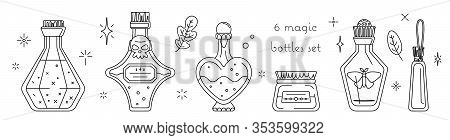 Magic Bottles And Flasks With Potions. Isolated Vector Set