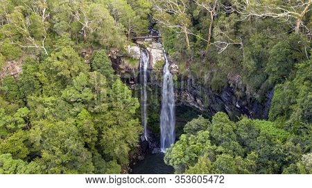 Aerial View Over Twin Falls, Located In Springbrook National Park, Gold Coast Hinterland