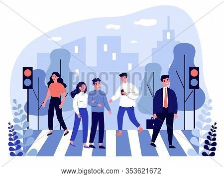 Pedestrians Crossing City Street At Traffic Lights. Office People Walking Across Avenue. Vector Illu