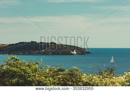 Sailing Boats In River Fal Estuary From Pendennis Castle, Falmouth, Cornwall, England. Pendennis Cas