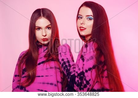 2 Girls In The Same Things With Bright Makeup. Brunette Girls, Sisters, Girlfriends, Twins. Women's 