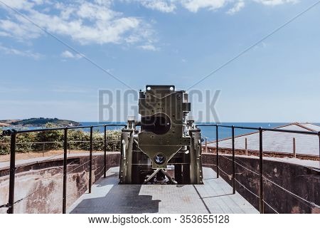 Falmouth, Cornwall, England - July 25, 2018: Big Gun At Pendennis Castle In Cornwall, England. Pende