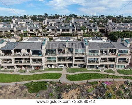 Aerial View Of Wealthy Condy Community On The Cleef Next To The Ocean In South California, Usa