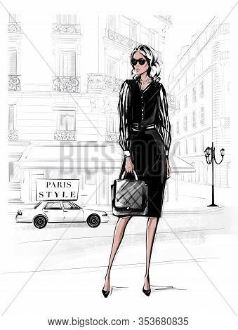 Hand Drawn Beautiful Young Woman In Black Dress. Fashion Woman With Bag. Girl In Black Shoes With Pa