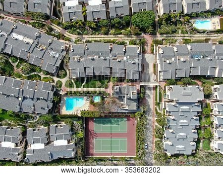 Aerial View Of Condo Community With Tennis Court And Pool In Solana Beach, South California. Usa