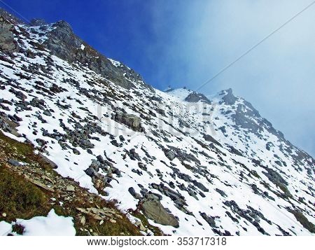 Alpine Peak Falknis In The Ratikon Border Mountain Massif Or Rätikon Grenzmassiv And Over The River 