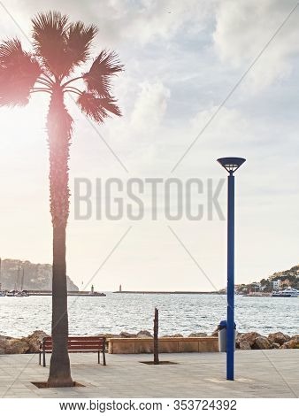 Promenade And Beach Of Port Andratx Evening. West Coast, Mallorca Island, Spain