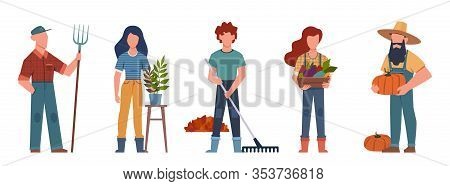 Gardener. Agricultural Workers With Gardening Tools, Seasonal Job Team Farmers Group Working, Isolat