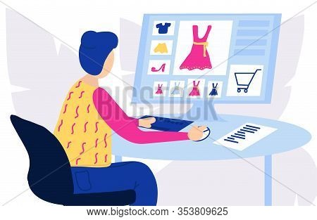 A Young Girl Sits At A Computer And Chooses Clothes Online. The Concept Of Online Shopping Internet