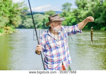 Lets Go Fishing. Summer Weekend. Big Game Fishing. Retired Bearded Fisher. Trout Bait. Fisherman Wit