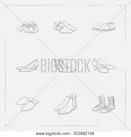 Set Of Shoe Types Icons Line Style Symbols With Chelsea Boots, Gladiator Boots, Espadrille Shoes And
