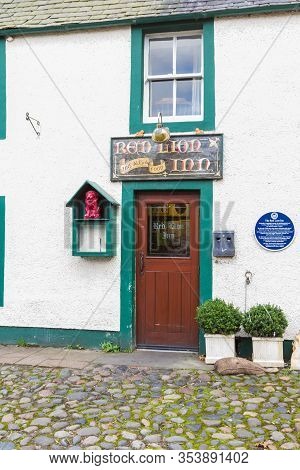 Culross, Scotland  - September 16 2019: Charming Front Door Of The Red Lion Inn, A Very Popular Eate