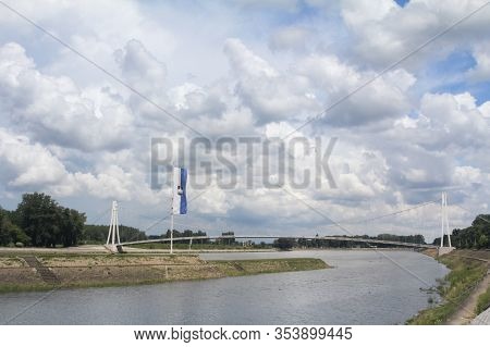 Youth Bridge Of Osijek, Croatia, Also Called Pedestrian Bridge, Or Most Mladosti, With The Coat Of A
