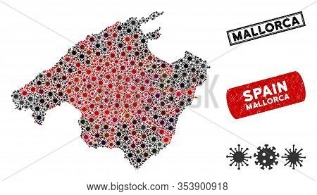 Coronavirus Collage Mallorca Map And Grunge Stamp Watermarks. Mallorca Map Collage Created With Rand