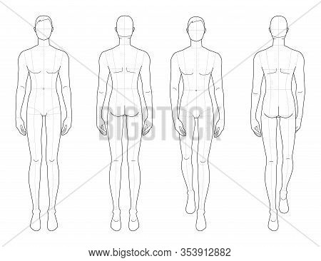 Fashion Template Of Standing And Walking Men. 9 Head Size For Technical Drawing With Main Lines. Gen