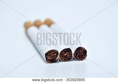 Closeup Of Tobacco Cigarettes White Background Studio Shot