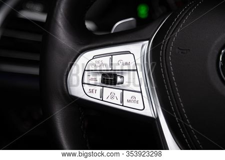 Novosibirsk, Russia - February 12, 2020:  Bmw X7,  Car Controller On Steerling Wheel ,music,control 