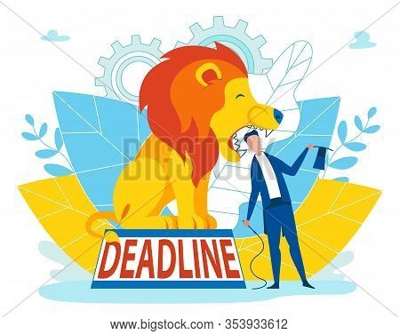 Man Taking Risks With Deadline Inscription Cartoon. Man In Suit Puts His Head In Jaws Lion. Lion Tra