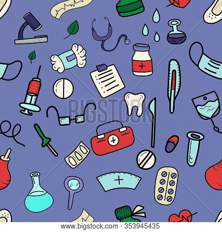 Vector Seamless Pattern, Medical Accessories In Doodle Style Colored Heap