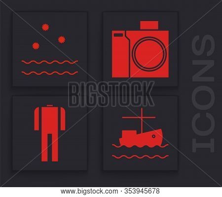 Set Fishing Boat On Water, Cold And Waves, Photo Camera For Diver And Wetsuit For Scuba Diving Icon.