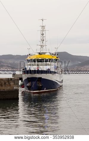 Vigo, Spain - Jan 17, 2020: Angeles Alvariño Multipurpose Oceanographic Research Vessel Mooring On T