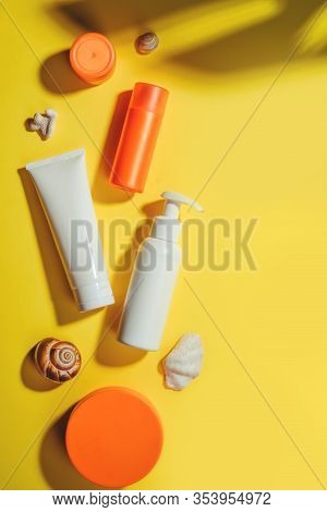 Sunprotection Objects, Suscreen. Prevention Of Photoaging. Flat Lay, Natural Cosmetics, Cream Spf Fo