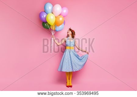 Full Length Photo Of Positive Cheerful Lovely Gentle Tender Girl Hold Many Air Balls Helium Baloons 