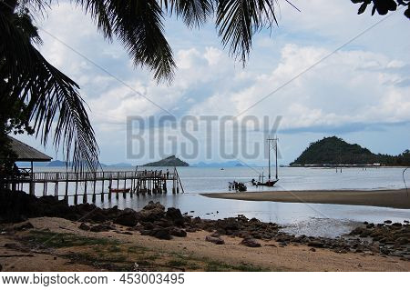 View Landscape Wooden Bridge And Boat Pier Go To Koh Pitak Or Ko Phithak Island In Gulf Of Thailand