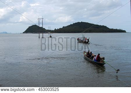 Wooden Long Tail Boat For Send Recieve Traveler Thai People To Ko Phithak Island And Waiting Catch A